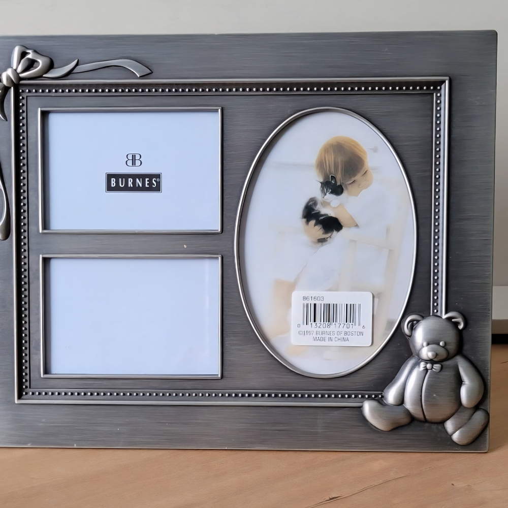 Burnes of Boston Picture Frame with Teddy Bear,  3 section Picture Frame, Pewter